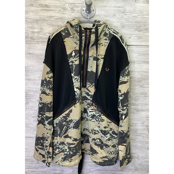 True Religion Mens Hoodie Size S Oversized Camo Black Pullover Sweatshirt - Picture 1 of 16